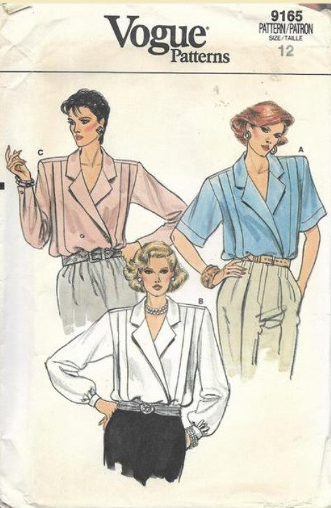 Vogue 9165 Vintage 80's Sewing Pattern Secretary Blouses, Classic Front Wrap & Button, Oversized Boxy Secretary Blouse Set, 3 Styles Size 10
