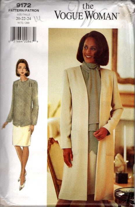 Vogue 9172 Retro 90's Sewing Pattern Plus Size Career Separates, Blouse, Sheath Skirt, Long Duster Coat, Jacket Size 20-24