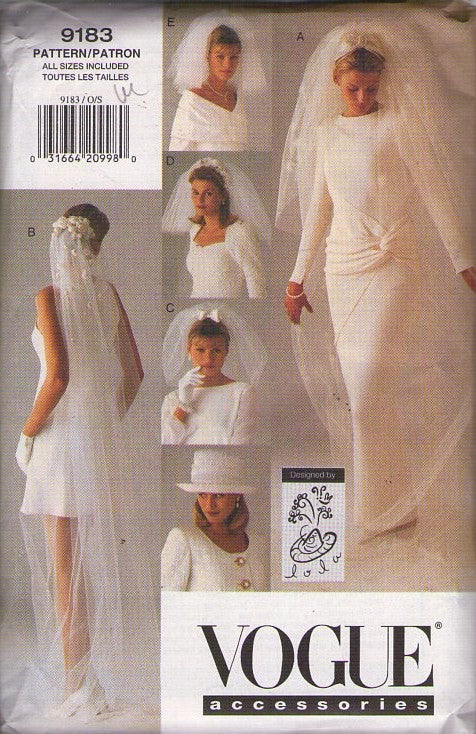 Vogue 9183 Retro 90's Sewing Pattern Bride Veils, Hats, Designs by Lola, Bridal Accessories, Chiffon Tulle Veil Set, Hat, Headbands