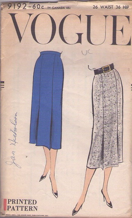 Vogue 9192 Vintage 50's Sewing Pattern Modest Skirt, Pleat Front, Below Knee Length, Secretary Styles Waist 26" Size M