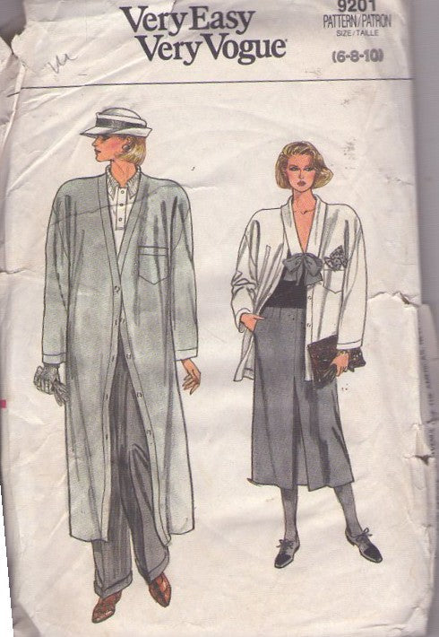 Vogue 9201 Vintage 80's Sewing Pattern Winter Separates, Very Easy, Minimalist V Neck Duster Jacket, Long Tapered Coat, Skirt, Trousers with Mock Fly Front Size 6-10
