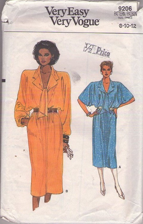 Vogue 9206 Vintage 80's Sewing Pattern Batwing Dress, Very Easy, Angel Flutter Sleeves, Secretary Dress, 2 Styles, Blouson Size 8-12 CUT