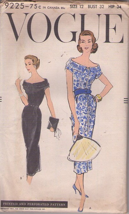 Vogue 9225 Vintage 50's Sewing Pattern Dinner Dress, Easy to Sew, Off Shoulder, Flat Collar, Décolletage Framing, Slim Pencil Skirt, Sheath Cocktail Party Dress Size 12