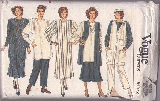 Vogue 9238 Vintage 90's Sewing Pattern Minimalist Separates, Boxy Oversized Batwing Style Sleeve Tunic Top, Blouse, Straight Dress, Vest Jacket, Highwater Ankle Biter Pants & Skirt Size 8-12