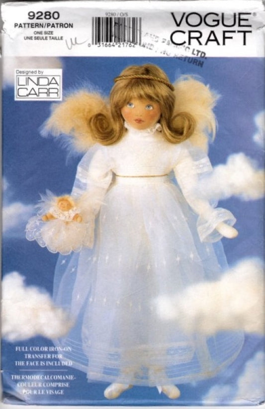 Vogue 9280 Retro 90's Sewing Pattern Stuffed Angel Doll, Wings, Designs by Linda Carr, Holiday Christmas Doll, Transfer OZ