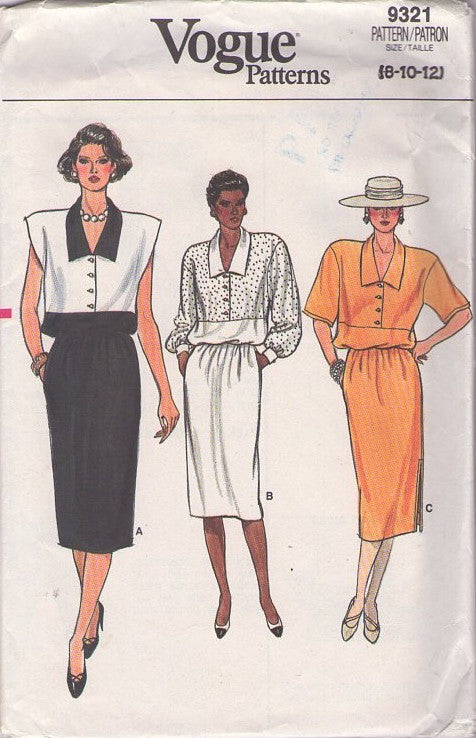 Vogue 9321 Vintage 80's Sewing Pattern Secretary Dress Set, Contrast Color Block, Blouson, Slim Skirt Dress 2 Styles Size 8-10