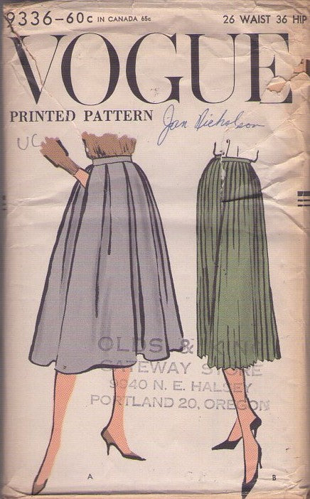 Vogue 9336 Vintage 50's Sewing Pattern Skirt Set, Box or Knife Pleats, Modest Secretary Styles Waist 26 Size M
