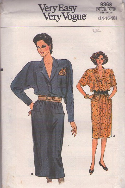 Vogue 9368 Vintage 80's Sewing Pattern Blouson Dresses, Very Easy Dynasty Secretary Batwing Boxy Blouson Slim Skirt Dress, Pockets in Seams Size 8-12 UNCUT
