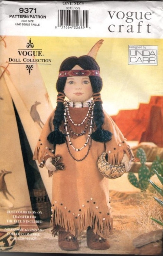 Vogue 9371 Retro 90's Sewing Pattern Doll Collection Designs by Linda Carr, Native American Indian 18" Doll, Costume Clothes OZ
