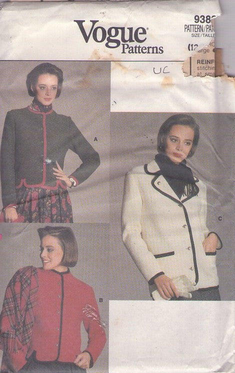 Vogue 9382 Vintage 80's Sewing Pattern Suit Jacket, Chanel Look, Blazer, Coat, 3 Styles Size 12-16