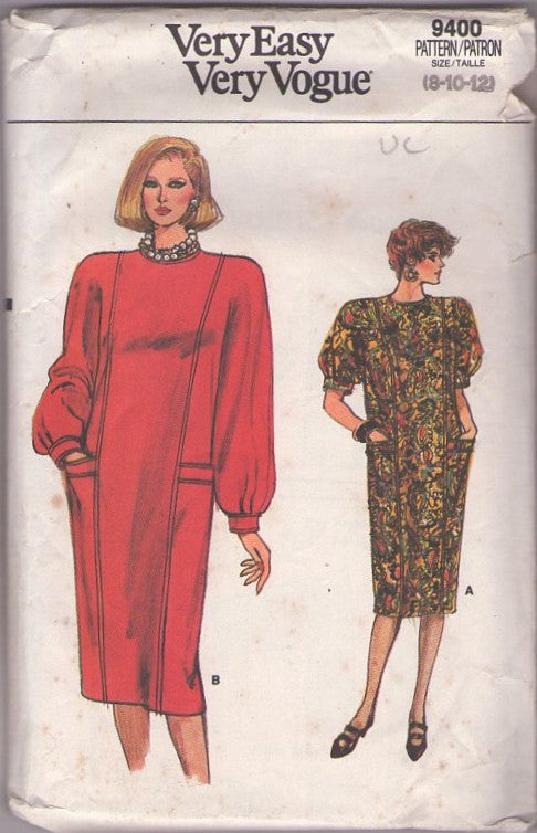 Vogue 9400 Vintage 80's Sewing Pattern Secretary Dress, Avant Garde, Very Easy, Oversized, Boxy Balloon Sleeve, Panel Front, Pockets Size 8-12