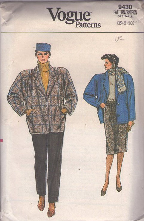 Vogue 9430 Vintage 80's Sewing Pattern Oversized Jacket, Suit Coat, Slim Skirt, Tapered Slacks Size 6-10