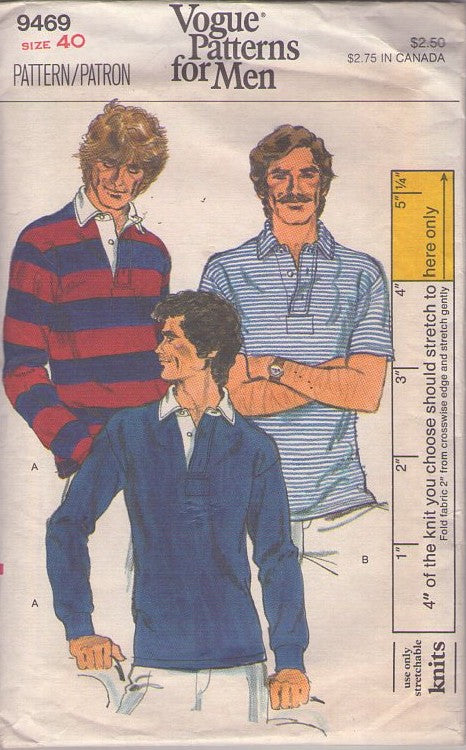 Vogue 9469 Vintage 70's Sewing Pattern Men's Polo Shirts, Sports Shirts, 2 Styles Size 40 L