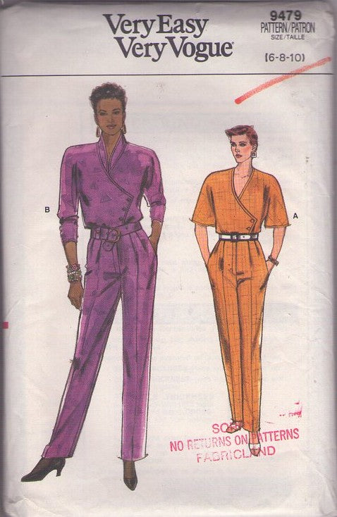 Vogue 9479 Vintage 80's Sewing Pattern New Wave Jumpsuit, Very Easy, Asymmetric Flap Buttons, Pants Zipper, Tapered Leg Size 6-8