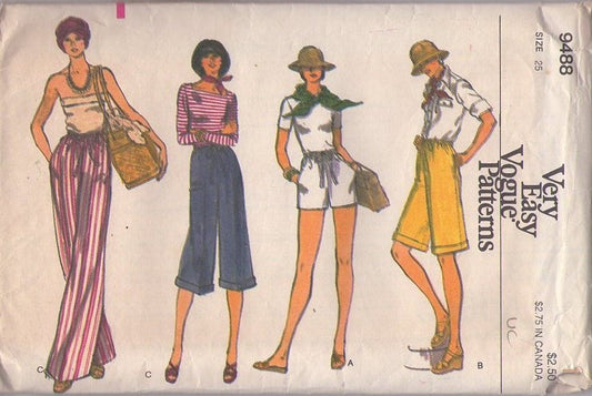 Vogue 9488 Vintage 70's Sewing Pattern Drawstring Pants, Short Set, Short Shorts, Bermuda or Pants Waist 25 Size S