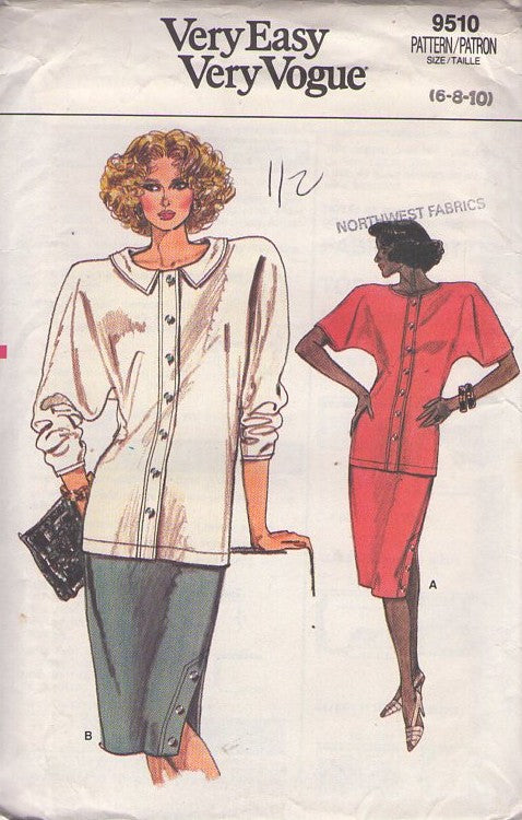 Vogue 9510 Vintage 80's Sewing Pattern 2 Piece Dress, Very Easy, Boxy Batwing Button Front Tunic Top Shirt, Side Buttons Hem Slim Skirt 2 Piece Dress Size 6-10