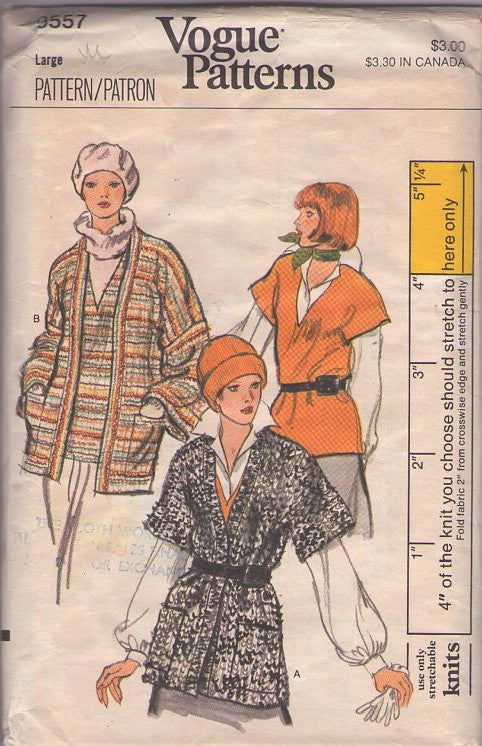 Vogue 9557 Vintage 70's Sewing Pattern Hippie Sweater Vest, Jacket Set, 3 Styles Size L
