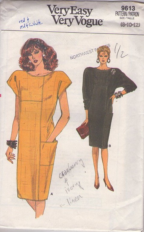 Vogue 9613 Vintage 80's Sewing Pattern Straight Dress Set, Very Easy Cap or Batwing Sleeves, Boxy Slim Career Dress 2 Styles Size 8-10