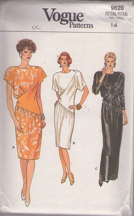 Vogue 9620 Vintage 80's Sewing Pattern Evening Dress, Avant Garde, Asymmetric, Triangular Front Interest Cocktail Party Dress, Gala Event Formal Maxi Gown Size 14