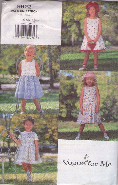 Vogue 9622 Retro 90's Sewing Pattern Girl's Dress, Vogue For Me Cottagecore Summer School Dress Set, 4 Styles Size 6-6X