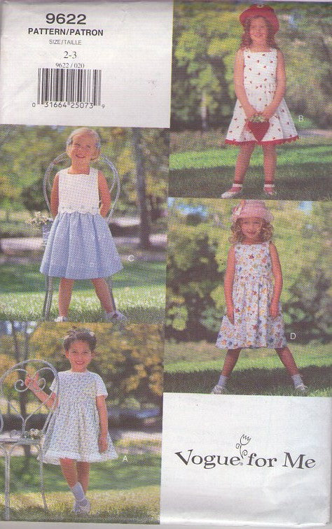 Vogue 9622 Retro 90's Sewing Pattern Girl's Dress, Vogue For Me Cottagecore Summer School Dress Set, 4 Styles Size 2-3