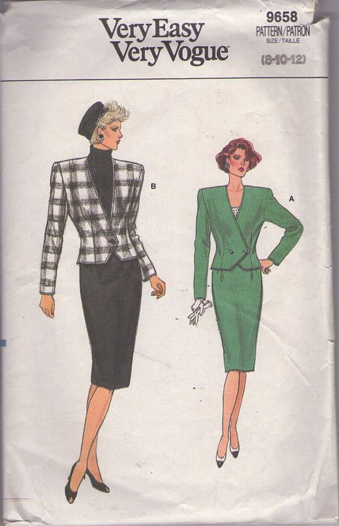 Vogue 9658 Vintage 80's Sewing Pattern Dynasty Power Suit, Very Easy, Boxy Squared Shoulders, Suit Jacket Top, Slim Pencil Sheath Skirt Size 8-12