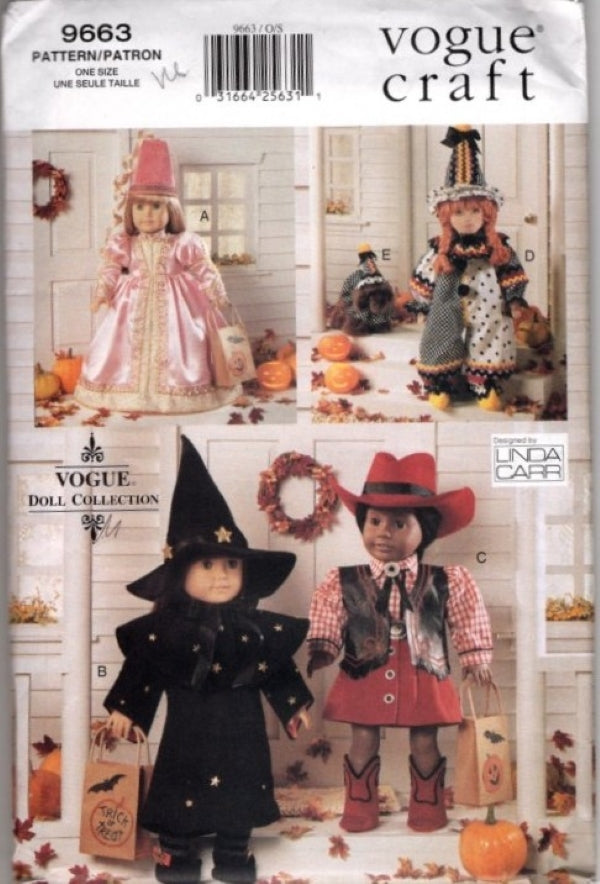 Vogue 9663 Retro 90's Sewing Pattern Doll Collection, Designs by Linda Carr, 18" American Girl Costumes, Witch, Cowgirl, Clown, Princess OZ