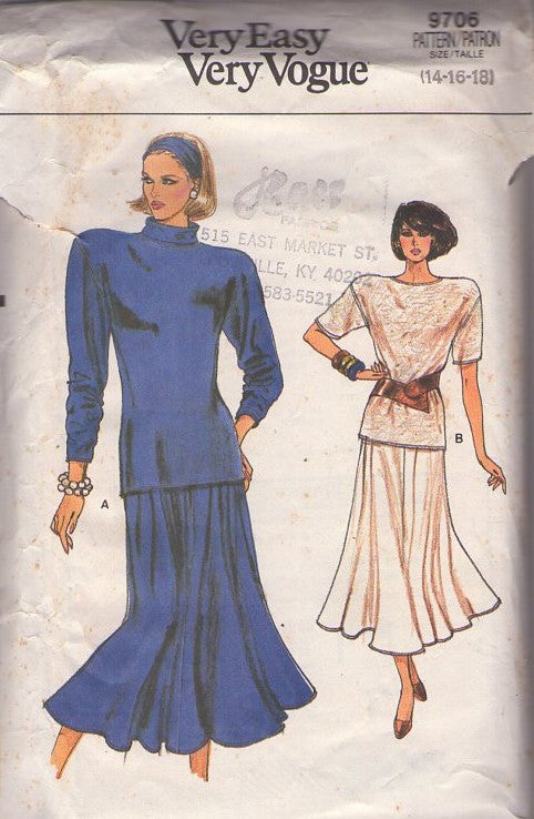 Vogue 9706 Vintage 80's Sewing Pattern Two Piece Dress, Very Easy, Boxy, Over the Hips Top, Trumpet Flared Skirt, 2 Piece Dress Size 14-18