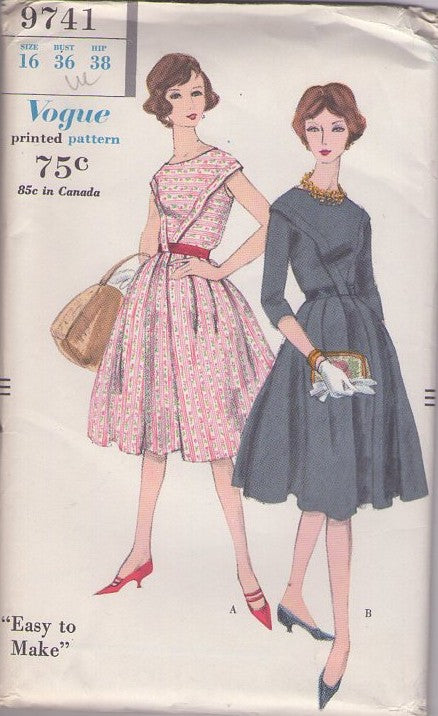 Vogue 9741 Vintage 50's Sewing Pattern Rockabilly Dress, Mad Men, Pleated Full Skirt Triangular Flanged Front Cocktail Party Dress, 2 Styles Size 16