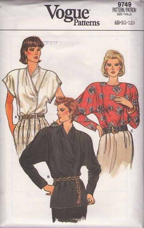 Vogue 9749 Vintage 80's Sewing Pattern Blouses, Brat Pack Era, Ruched, Surplice Panel Front, Oversized Batwing Sleeve Party Top, Secretary Set 3 Styles Size 8-10