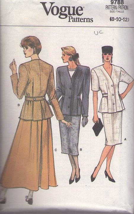 Vogue 9788 Vintage 80's Sewing Pattern Suit Dress, Old Fashioned Style, Martingale Belt Back Jacket Top, Slim Pencil or Midi Flared Skirt Size 8-12