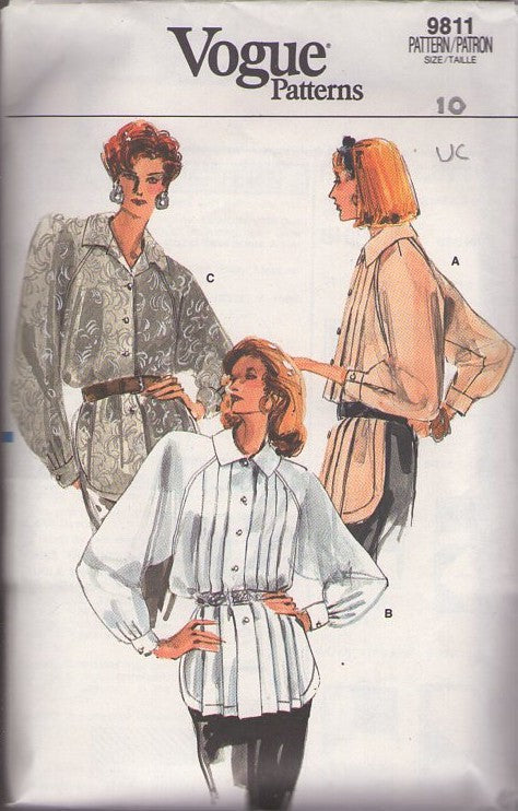 Vogue 9811 Vintage 80's Sewing Pattern Blouse Set, Side Slits, Hi Lo Oversized Raglan Sleeve Shirt, Plain or Pleats Front Size 10