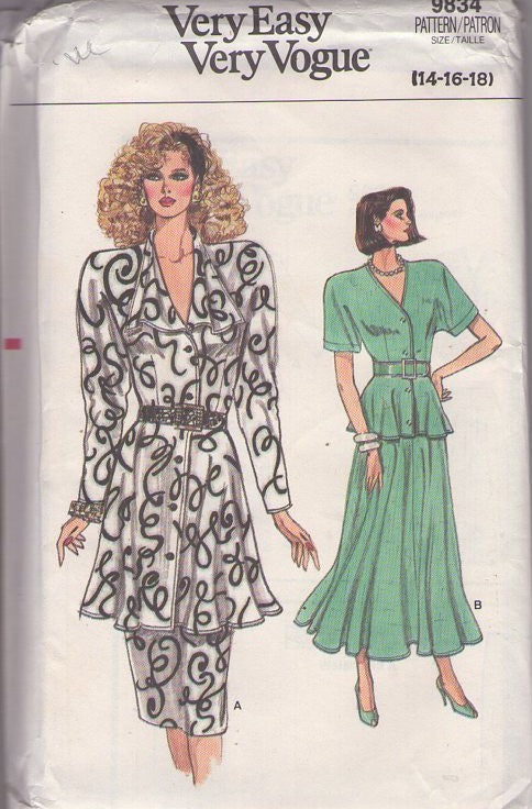 Vogue 9834 Vintage 80's Sewing Pattern 2 Piece Party Dress, Very Easy, Sheila E Look, Flounced Jacket Top, Sheath or Flared Tea Length Skirt Size 14-18