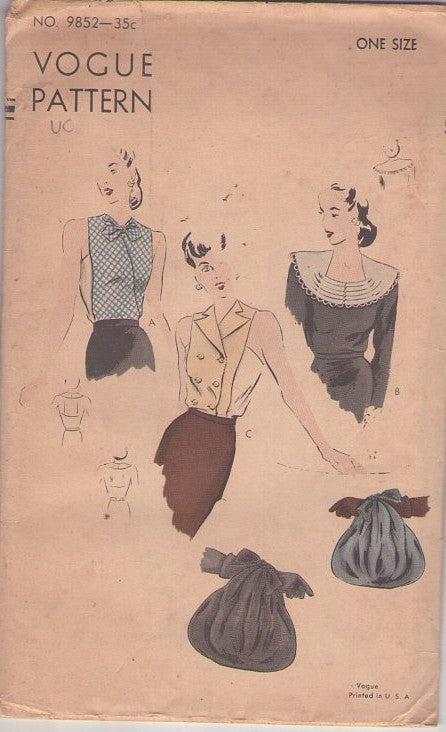 Vogue 9852 Vintage 40's Sewing Pattern Dickey and Bags Set, WW2 Era, Crossover Front or Double Breasted Buttons Dickey Top, Soft Pouch Bag Handbag Purse One Size