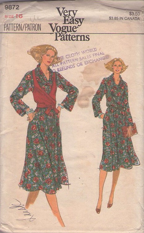 Vogue 9872 Vintage 70's Sewing Pattern Cowl Neck Dress, Secretary Flared Skirt Dress, Wrap Around Vest Size 16
