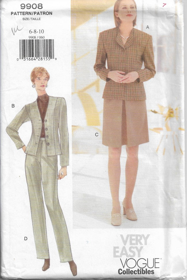 Vogue 9908 Retro 90's Sewing Pattern Very Easy Collectibles Suit Separates, Jacket, Pleated Skirt, Pants Size 6-10