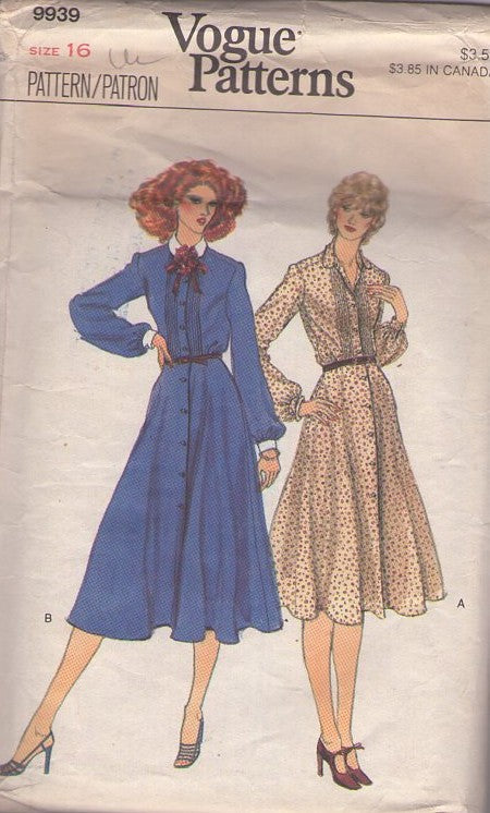 Vogue 9939 Vintage 70's Sewing Pattern Button Up Coat Dress, Secretary Flared Dress, Pin Tucks, 2 Styles Size 16