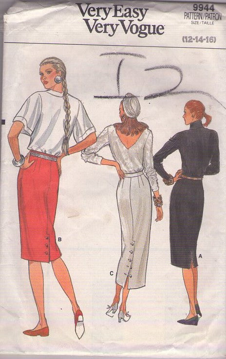 Vogue 9944 Vintage 80's Sewing Pattern Skirt Set, Secretary, Party, Buttons on Rear Vent 3 Styles Size 12-16