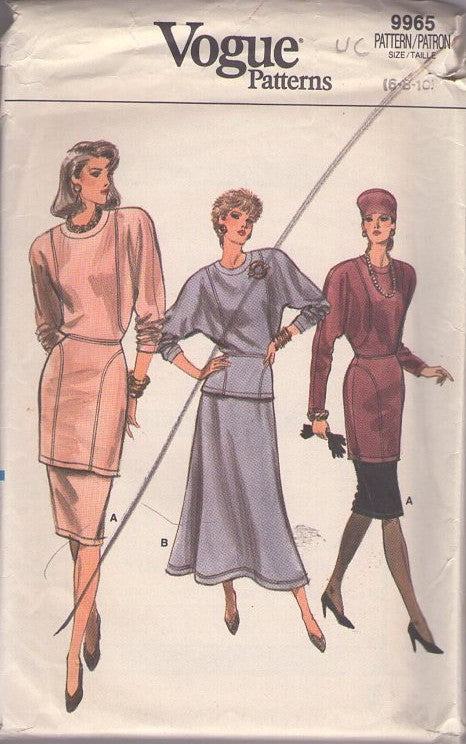 Vogue 9965 Retro 80's Sewing Pattern 2 Piece Dress, Hip Accentuating Panels Batwing Sleeve Top, Tunic, Mini Dress, Sheath or Flared Midi Skirt Size 6-10