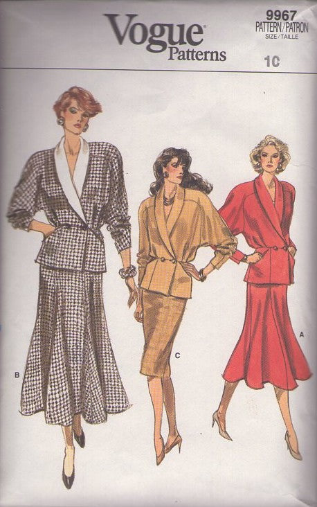Vogue 9967 Retro 80's Sewing Pattern Suit Dress, Dynasty Era Secretary Styles, Double Breasted Wrap Shawl Collar Jacket Top with Peplum, Slim Sheath or Gored Panel Skirt Size 10
