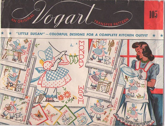 Vogart 105 Vintage 60's Transfer Pattern Embroidery, Little Susan Sunbonnet Sue Holly Hobbie Style Motifs for Kitchen Towels 7 Days of the Week