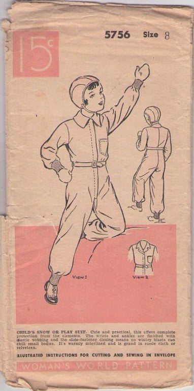 Women's World 5756 Vintage 40's Sewing Pattern Childs' Snowsuit, A Christmas Story I Can't Put My Arms Down Full Coveralls Snowsuit, Snow Suit, Playsuit, Overalls, WW2 Fighter Pilot Bomber Suit Size 8
